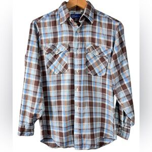 JCPenney vintage flannel plaid long sleeve shirt, Med, cotton blue brown Western